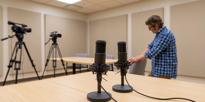 Podcast recording setup with microphones and cameras