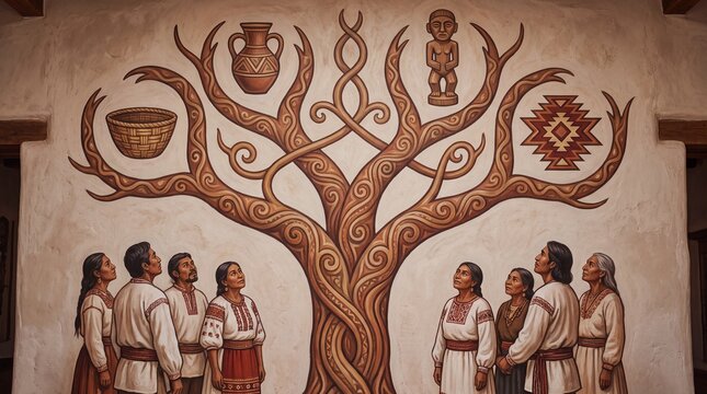 Cultural Art Display, A stylized family tree with symbolic branches celebrating familial bonds