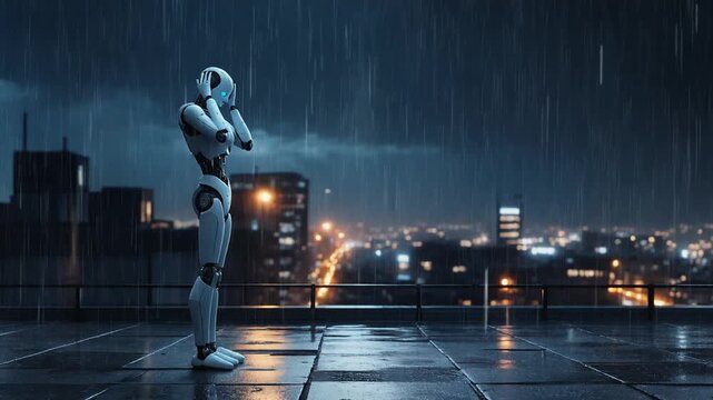 Humanoid Robot Standing on Rain-Soaked Rooftop in City Night, Feeling Despair or Stress, Cinematic Full HD Sci-Fi Motion Footage