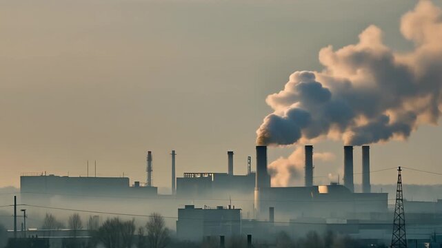 Distant Industrial Buildings with Smoking Chimneys and Heat Shimmer, Environmental Pollution Full HD Footage
