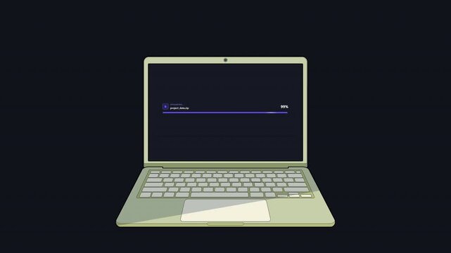 Premium motion graphic of a digital file upload process. The UI operates flatly inside the laptop's inner screen as native digital content, strictly clipped by the display boundary.