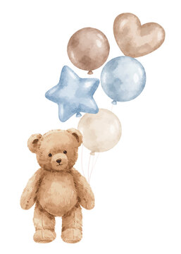 Watercolor Teddy Bear with Pastel Blue Balloons and Star, Cute Baby Boy Nursery Art