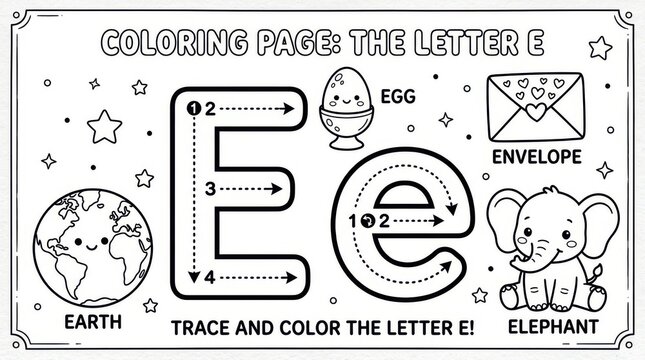 Educational coloring page for children featuring the letter e with tracing guides and illustrations of an egg, envelope, earth, and elephant