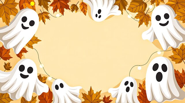 Halloween ghost frame with autumn leaves on light background