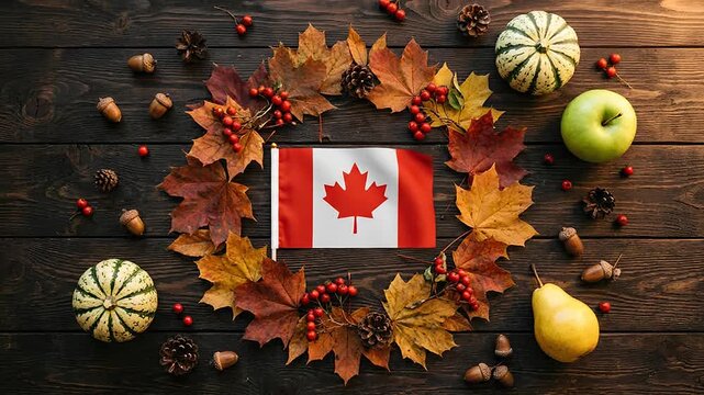 Canadian flag framed by autumn leaves and harvest vegetables on wood