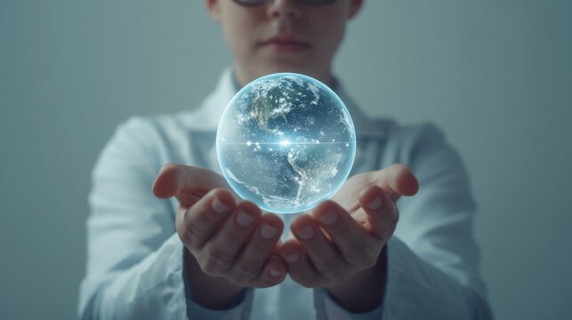 Primer plano de un cient&iacute;fico con bata de laboratorio sosteniendo entre sus manos ahuecadas una Tierra hologr&aacute;fica resplandeciente