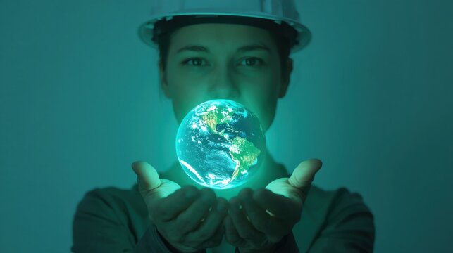 Primer plano de un ingeniero ambiental con casco de seguridad, sosteniendo una Tierra hologr&aacute;fica resplandeciente entre las manos ahuecadas