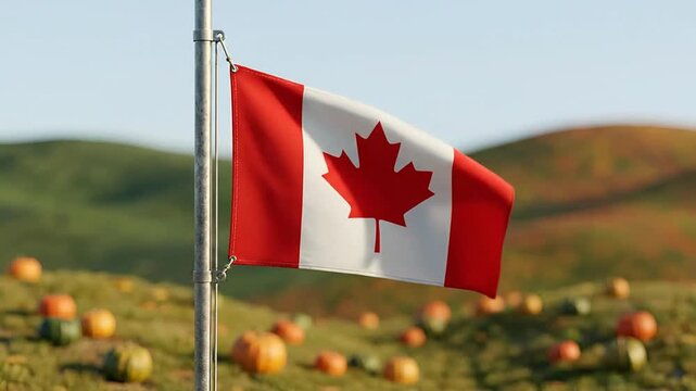 National Flag with Maple Leaf Emblem Waving on Pole in Harvest Field