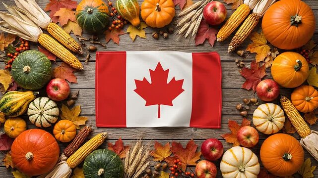 Overhead view of a national maple leaf flag surrounded by autumn harvest flat lay with pumpkins and corn on wooden background