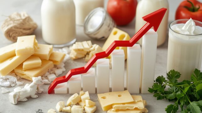 Productos l&aacute;cteos frescos, como leche, queso y yogur, dispuestos sobre una mesa junto a un gr&aacute;fico de barras y un s&iacute;mbolo de flecha roja