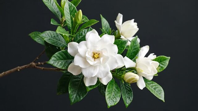 White gardenia blossoms on green leafy branch against dark background