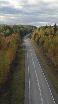 Drone footage of a winding two lane road cutting through colorful autumn forest under cloudy sky in the Ural Mountains, Russia, showcasing remote wilderness travel scenery