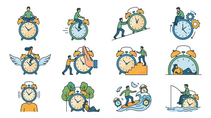 Obraz premium Elegant Illustrated Collection of Time Themed Alarm Clocks with Diverse Human Activities and Emotions