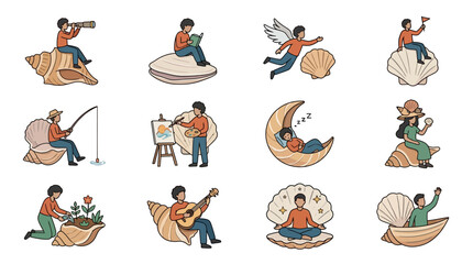 Obraz premium Elegant Illustrated Collection of Whimsical Characters Engaged in Creative and Relaxing Activities on Seashells and Clouds