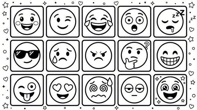 Coloring page featuring a grid of various expressive cartoon emoji faces for kids
