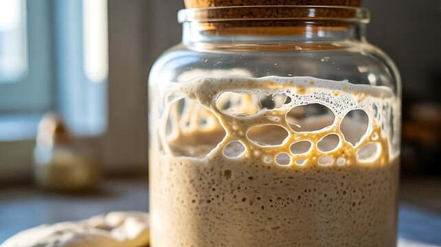 Active sourdough starter fermenting with bubbles inside glass jar