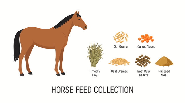 Very beautiful realistic flat vector illustration of a healthy horse standing beside separate timothy hay, oat grains, carrot pieces, beet pulp pellets and flaxseed meal, HORSE FEED COLLECTION, center