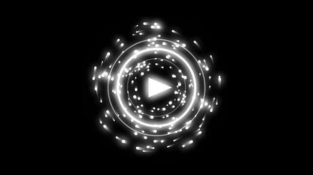 Glowing White Play Button Icon Orbiting Light Particles Motion Graphic Loop