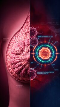 Close-up of a cancerous breast tumor visualized with microscopic detail and a digital targeting reticle red tones red color pink tones dark background red glowing abstract patt