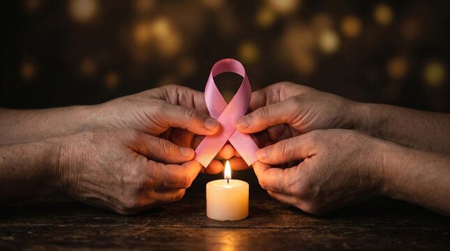 Gentle glow of hope Pink ribbon embraced by caring hands illuminates darkness symbolizing breast cancer awareness support and the enduring spirit of survivors.