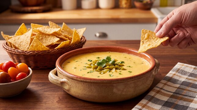 Gourmet Snack Preparation, A bowl of creamy yellow queso sauce surrounded by tortilla chips and cherry tomatoes
