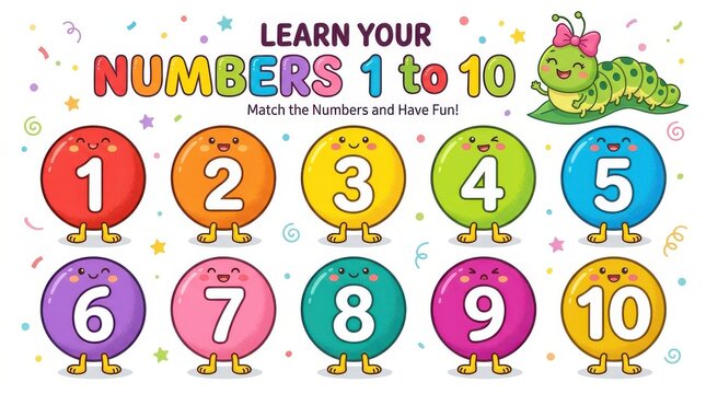 Colorful numbers 1 to 10 chart for children with cute characters