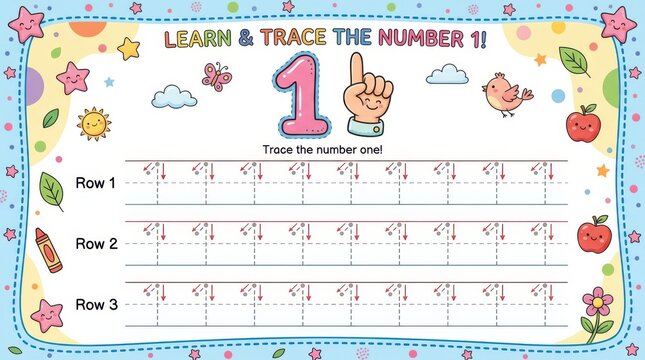 Learn and trace the number one educational worksheet for kids
