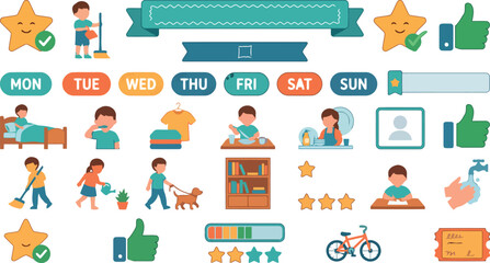 Fototapeta premium Set of kids daily responsibility chore chart icons with children doing house chores and weekly calendar labels