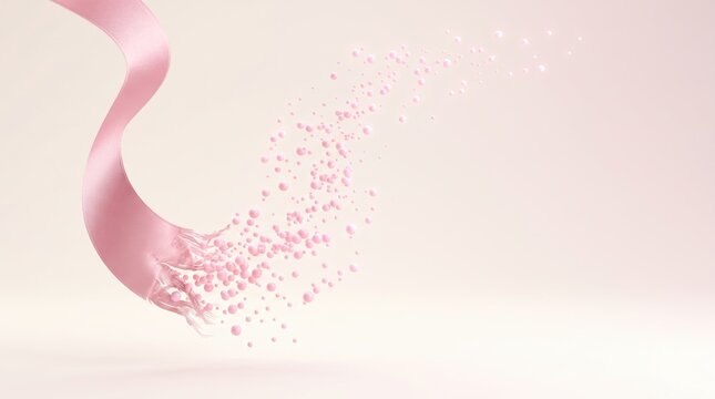 A symbolic pink ribbon unravels into a cascade of small spheres, representing hope and the journey of breast cancer awareness and recovery. 