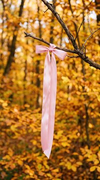 Pink awareness ribbon tied to a tree branch for breast cancer support and hope