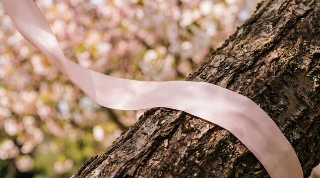 A pink ribbon symbol of breast cancer awareness placed on a textured dark tree bark background