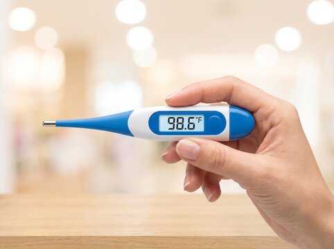 Person holding a digital thermometer showing a normal body temperature with thermometer temperature healthcare clinical diagnostic monitoring wellness hospital fahrenheit