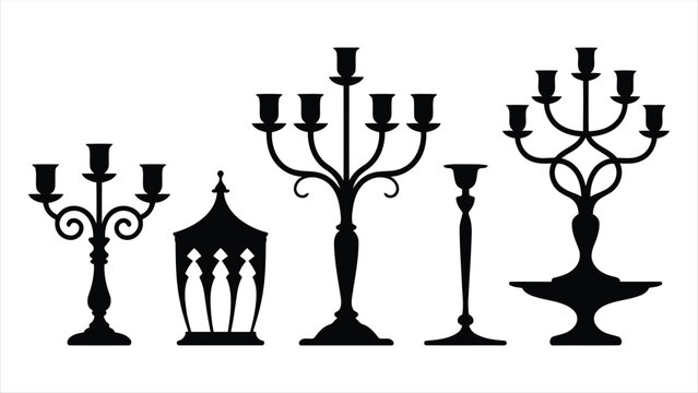 Set of vintage candlestick and candelabra silhouettes for interior design decor