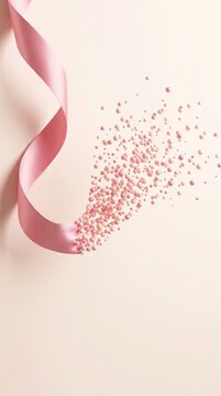 A symbolic pink ribbon unravels into a cascade of small spheres, representing hope and the journey of breast cancer awareness and recovery. 