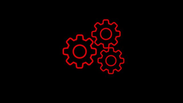 Animated Red Gear Cog Icon Loop on Chroma Key Black Screen Background, Mechanical Engine Settings System Process Graphic Element for Technology, Engineering, Machine, Industrial Motion Design