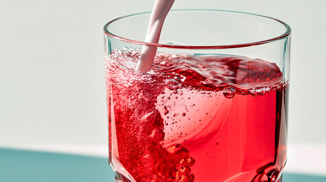 Refreshing red dirty soda with ice, bubbles and creamy pink syrup pouring into a clear glass for a colorful fizzy beverage