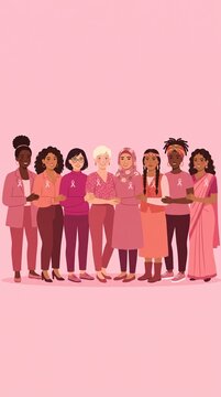 breast cancer awareness month for disease prevention campaign and diverse ethnic women group together with pink support ribbon symbol on chest concept, vector flat illustration