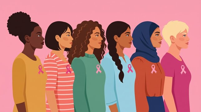 breast cancer awareness month for disease prevention campaign and diverse ethnic women group together with pink support ribbon symbol on chest concept, vector flat illustration