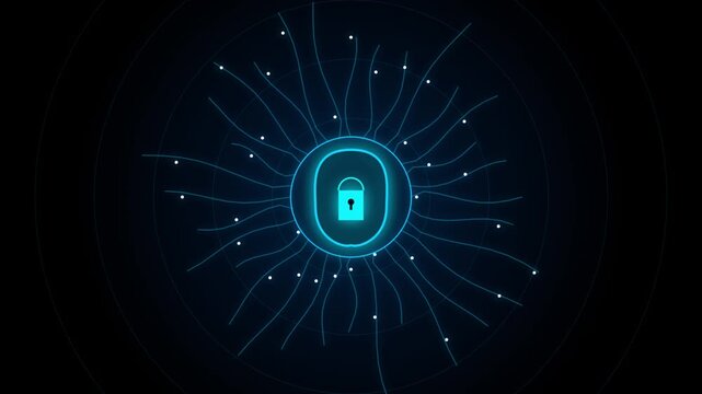 Cyber Security Glowing Padlock Shield Data Network Motion Graphic Loop