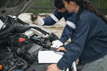 Fototapeta premium Technician explaining electrical system problem in broken car engine under open hood to female driver during roadside insurance check.