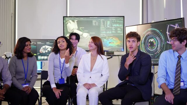 Seated diverse tech panel listens and reacts as a curly-haired woman raises her hand to ask a question at a neon operations center, in a natural unposed moment, an embodied AI research scene