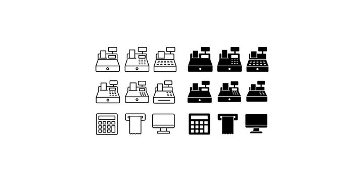 Set of black and white cash register and point of sale machine icons for retail business and commerce.