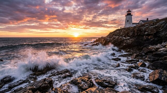 Sunset bathes rocky shore in warm, golden light. Lighthouse stands tall, guiding ships through crashing waves. Foam explodes against jagged stones, revealing raw ocean power. Sky bursts with amber