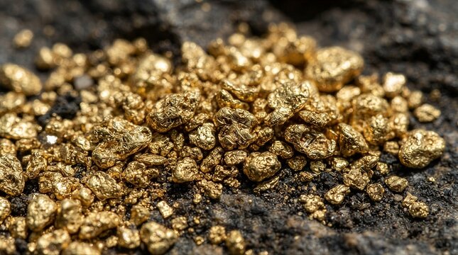 Golden nuggets gleam against dark, rough earth. Shiny, irregular pieces catch the light. Natural, unrefined treasure lies scattered. Ideal for financial or geological themes