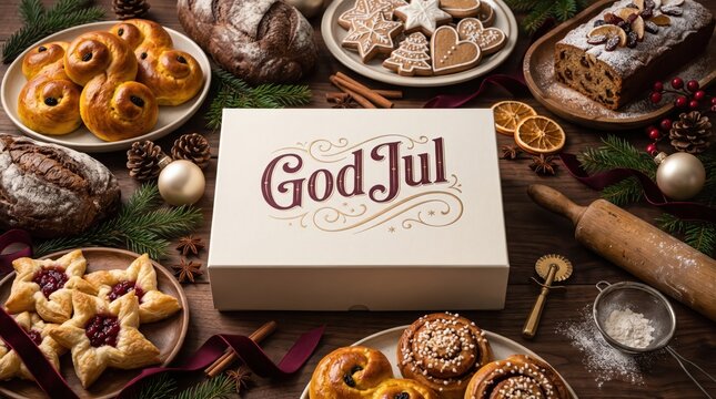 Luxury Swedish Christmas Greeting Card God Jul with Artisan Pastries, Festive Bakery Decorations and Elegant Burgundy Gold Lettering
