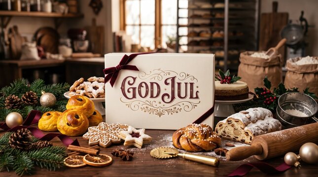 Luxury Swedish Christmas Greeting Card God Jul with Artisan Pastries, Festive Bakery Decorations and Elegant Burgundy Gold Lettering
