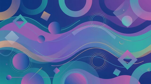 Playful geometric shapes and circles flow over vibrant pastel wave patterns, creating a fun modern abstract motion background.