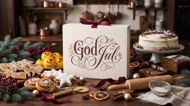 Luxury Swedish Christmas Greeting Card God Jul with Artisan Pastries, Festive Bakery Decorations and Elegant Burgundy Gold Lettering
