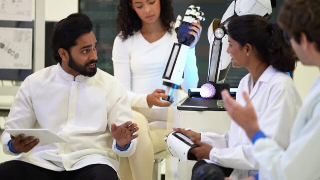 Curly-haired female engineer raises a black bionic robotic hand between a seated bearded colleague and an Indian engineer with a tablet who talk it over, real time