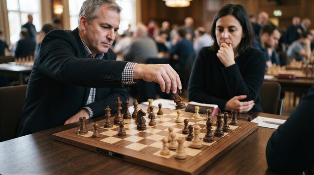 Two players deeply focused on a chess match. The man moves a piece with intense concentration. The woman watches, hand to her chin, thoughtful. Background shows other tables and spectators